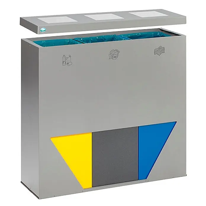 Proregal Wertstoffsammler robust mit 3 Einsätzen - 89 l - Grauer Metall-3-Kammer-Recyclingbehälter mit gelben, grauen und blauen Sortierfeldern und Abfallsymbolen.
