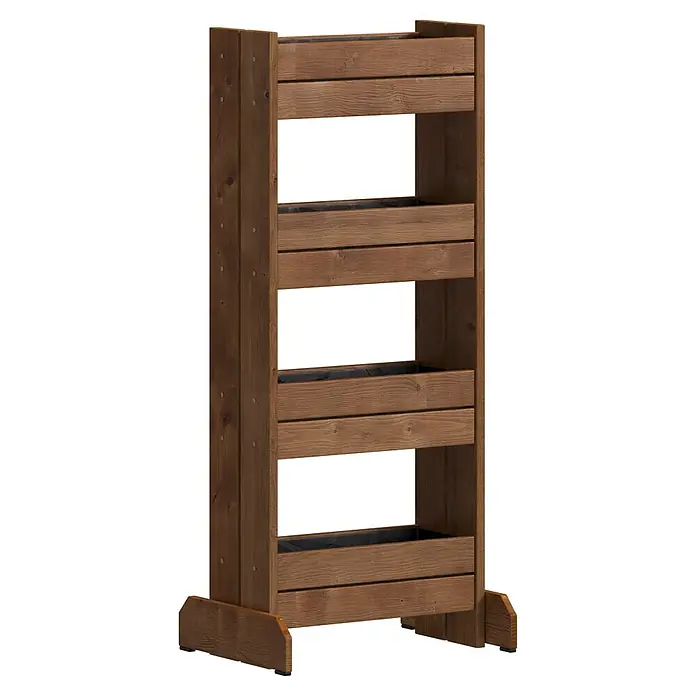 Dobar Hochbeet - 55 x 40 x 125 cm, Holz, Bernstein - Brauner Pflanzständer aus Holz mit vier Etagen, jede mit schwarzem Einsatz für Pflanzen.