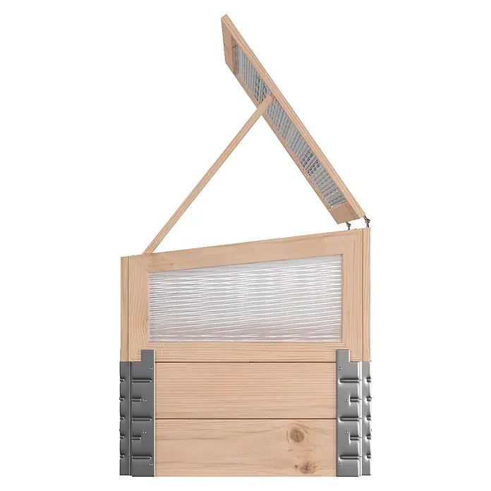 Dobar Hochbeet - 100 x 50 x 50 cm, Holz, Natur - Helles Holz zweiteiliges Fenster, oberer durchscheinender Teil gekippt geöffnet, unterer massiv, mit Metallscharnieren.