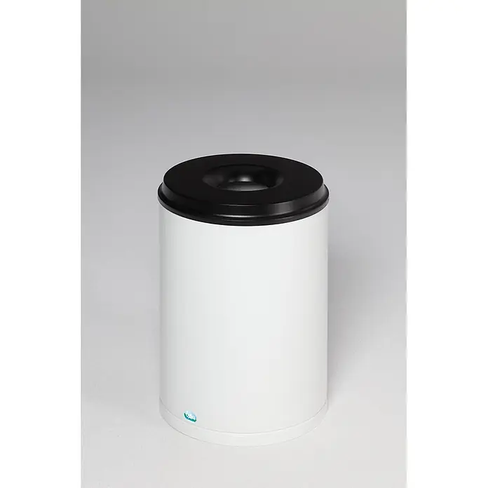 Proregal Papierkorb selbstlöschend - 50 l, Stahl, Weiß - Weißer zylindrischer Abfalleimer mit schwarzem Deckel und zentraler Öffnung, mit VAR-Logo.