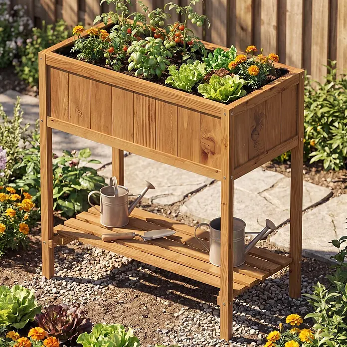 Dobar Hochbeet - 76 x 40 x 80 cm, Holz, Braun - Erhöhtes Holz-Hochbeet mit Pflanzen und Lattenrostablage für Gartengeräte und Gießkannen. Im sonnigen Garten platziert.