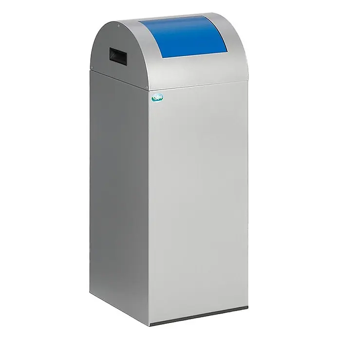 Proregal Wertstoffsammler selbstlöschend und rund mit Einwurfklappe - 32 x 32 x 80 cm, 60 l - Silberfarbener rechteckiger Recyclingbehälter mit gewölbter, blau abgedeckter Öffnung oben und kleinem Griff an der Seite.