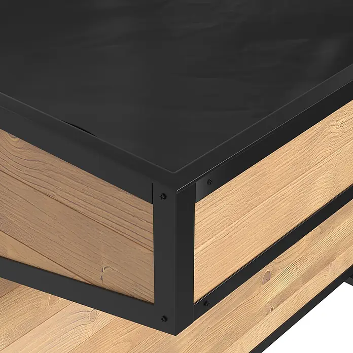 Dobar Hochbeet Wheely - L x B x H: 112 x 112 x 94 cm, Holz, Braun/Schwarz - Nahaufnahme einer Hochbeet-Ecke aus hellbraunen Holzbrettern und schwarzen Metallstützen mit Schrauben. Die obere Fläche ist schwarz.