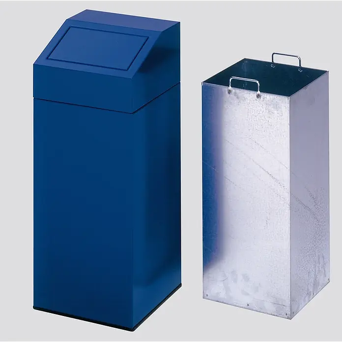 Proregal Wertstoffsammler selbstlöschend für "Papier" - 38 x 38 x 89 cm, 82 l - Zwei rechteckige Abfallbehälter: ein blauer Behälter mit schrägem Deckel und ein silberner Metalleinsatz mit Griffen.