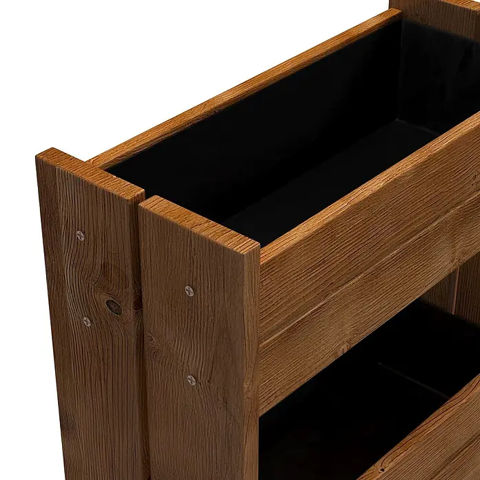 Dobar Hochbeet - 55 x 40 x 125 cm, Holz, Bernstein - Brauner Holz-Pflanzkasten mit schwarzer Innenverkleidung, aus erhöhter Perspektive.