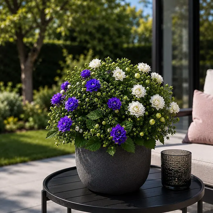 Piardino Polsterglockenblume - Campanula portenschlagiana 'Duo', Topfgröße: 14 cm, Violettblau/Weiß - Topfpflanze mit leuchtend violetten und weißen Blüten in einem strukturierten dunkelgrauen Topf auf einem Gartentisch.