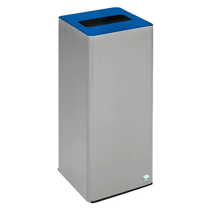 Proregal Wertstoffsammler robust mit abnehmbarem Deckel - 70 l - Silbergrauer rechteckiger Abfalleimer mit blauer Oberseite und schwarzer Öffnung.