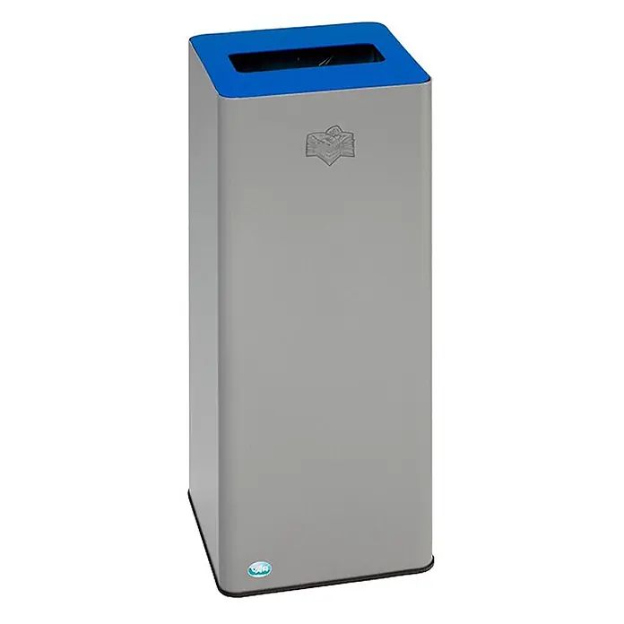 Proregal Wertstoffsammler robust mit abnehmbarem Deckel - 70 l - Grauer rechteckiger Wertstoffbehälter mit blauem Deckel und rechteckigem Schlitz, mit Papiersymbol.