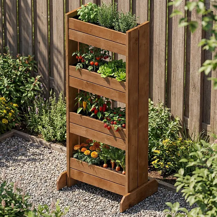 Dobar Hochbeet - 55 x 40 x 125 cm, Holz, Bernstein - Brauner vertikaler Holzgartenpflanzer mit mehreren Ebenen verschiedener Pflanzen in einem Garten.