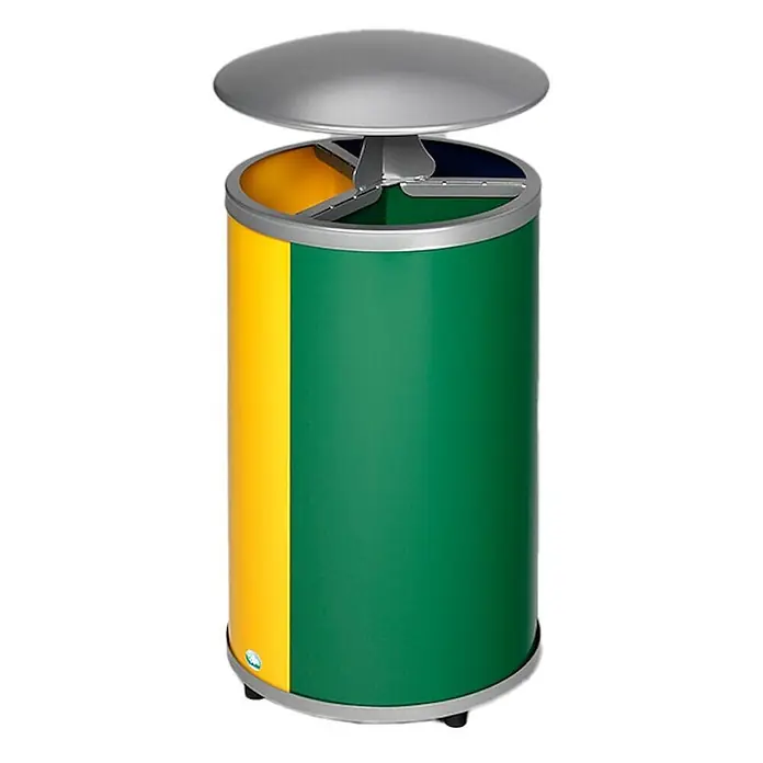 Proregal Wertstoffsammler robust mit Dach - 30 l - Mehrfach-Recyclingbehälter mit grün-gelbem Korpus und silbernem Deckel zur Mülltrennung.