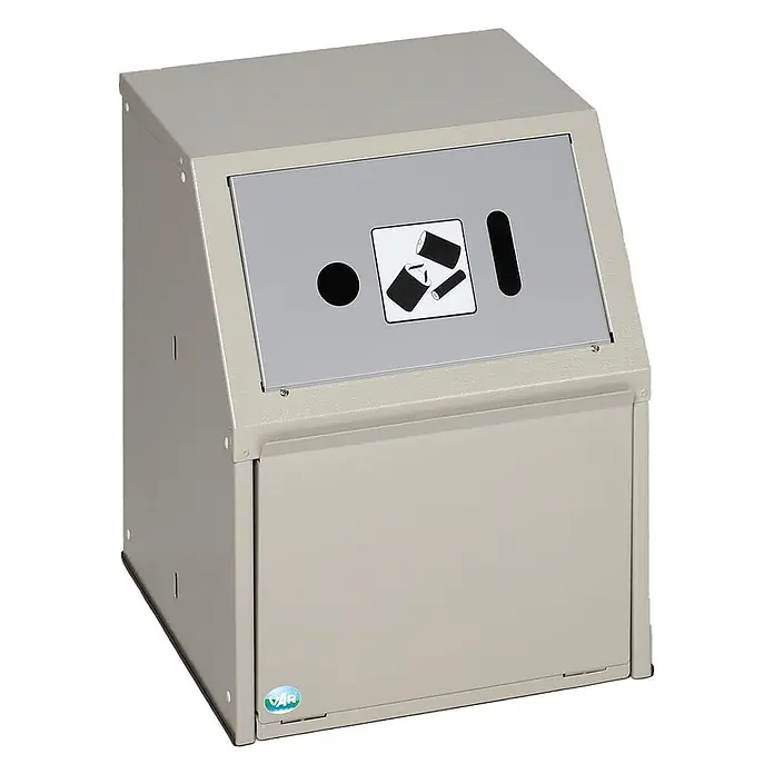 Proregal Wertstoffsammler robust mit Einwurfklappe - 40 x 40 x 50 cm, 11 l - Hellgrauer Metall-Recyclingbehälter mit mehreren Einwurfschlitzen zur Mülltrennung, mit Dosen-/Batterie-Symbol.