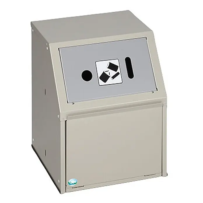 Proregal Wertstoffsammler robust mit Einwurfklappe - 40 x 40 x 50 cm, 11 l - Beiger Metall-Wertstoffbehälter mit schräger Oberplatte, runder Öffnung, Dosen-/Flaschenschlitz und schmalem Schlitz zur Mülltrennung.