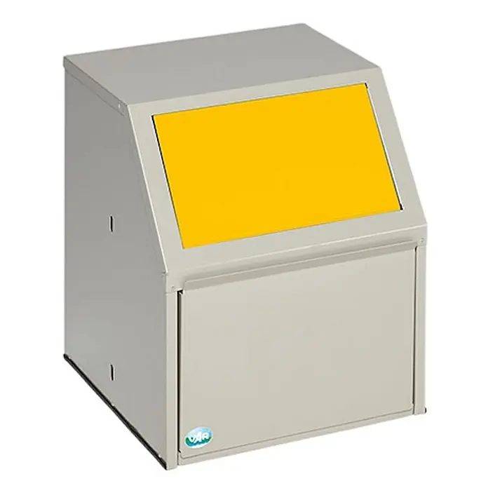 Proregal Wertstoffsammler robust mit Einwurfklappe - 40 x 40 x 50 cm, 11 l - Hellgrauer Abfallbehälter mit schräger gelber Einwurfklappe.
