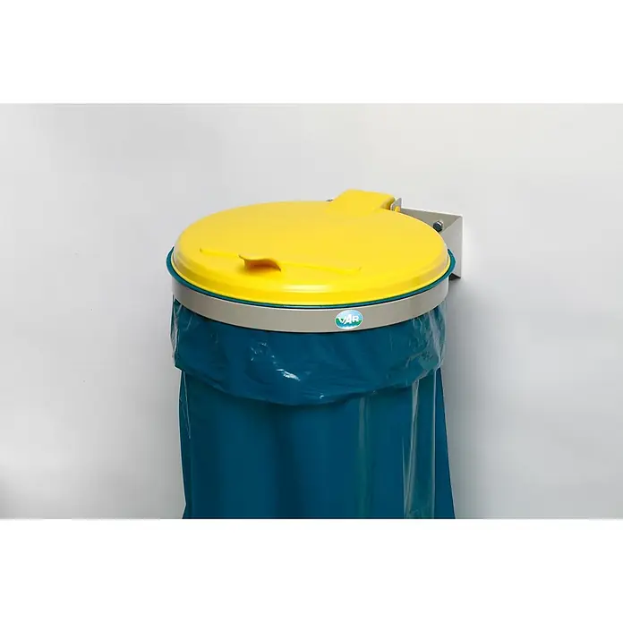 Proregal Wertstoffsammler robust zur Wertstoffsortierung 1-Fach -  - Wandmontierter Abfalleimer mit gelbem Deckel, grauem Rand und blauem Müllsack.