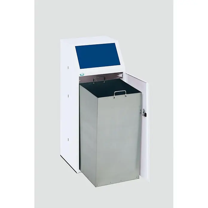 Proregal Wertstoffsammler robust mit Fronttür & Inneneinsatz - 40,5 x 40 x 100,5 cm, 90 l - Weißer Abfallbehälter-Schrank mit blauer Oberplatte und herausgezogenem rechteckigem Edelstahleinsatz.