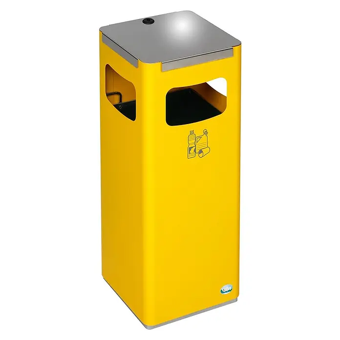 Proregal Wertstoffsammler robust & modular mit Edelstahldeckel - 22 l - Gelber rechteckiger Recyclingbehälter mit Edelstahldeckel, Ausschnitten und Symbolen für Plastikflaschen und Papier/Karton.