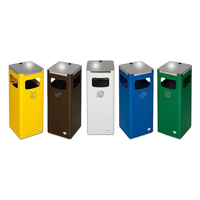 Proregal Wertstoffsammler robust & modular mit Edelstahldeckel - 22 l - Fünf farbcodierte rechteckige Wertstoffbehälter mit Edelstahlplatten und spezifischen Abfallsymbolen.