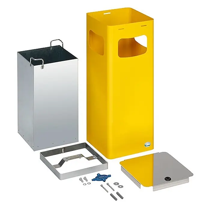 Proregal Wertstoffsammler robust & modular mit Edelstahldeckel - 22 l - Zerlegte Abfallbehälter-Komponenten: gelbes Außengehäuse, silberner Inneneimer, Rahmen, Deckelteil und Befestigungselemente.