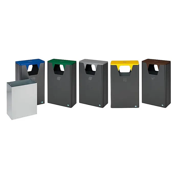 Proregal Wertstoffsammler robust mit abnehmbarem Deckel - 60 l - Satz dunkelgrauer Recyclingbehälter mit farbigen Deckeln (blau, grün, grau, gelb, braun) und einem internen Metalleinsatz.