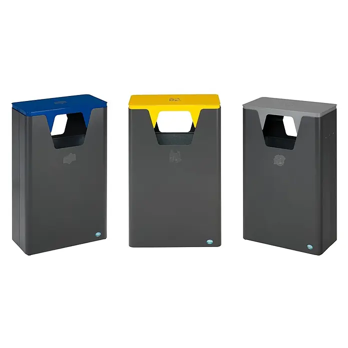 Proregal Wertstoffsammler robust mit abnehmbarem Deckel - 60 l - Drei graue Recyclingbehälter mit blauen, gelben und grauen Deckeln zur Mülltrennung.