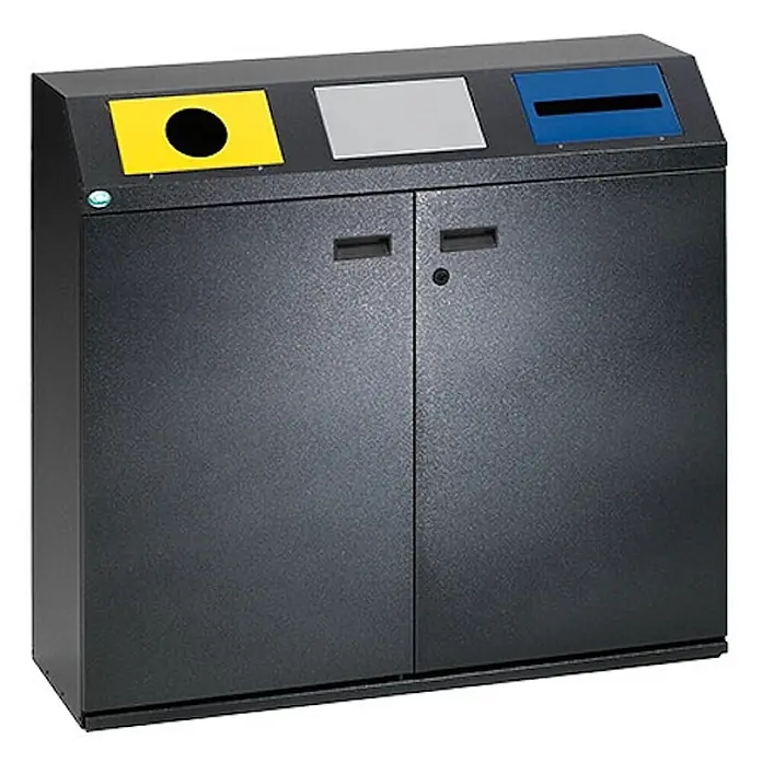 Proregal Wertstoffsammler selbstlöschend mit 3 Einsätzen - 80 l - Dunkelgrauer Recyclingbehälter mit drei oberen Fächern: gelbe runde, graue rechteckige und blaue Schlitzöffnungen.