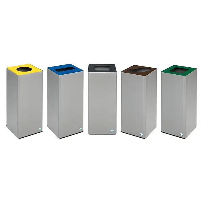 Proregal Wertstoffsammler robust mit abnehmbarem Deckel - 70 l - Fünf graue Metall-Mülltrennsysteme mit farbigen Deckeln (gelb, blau, dunkelgrau, braun, grün) und verschiedenen Öffnungen.