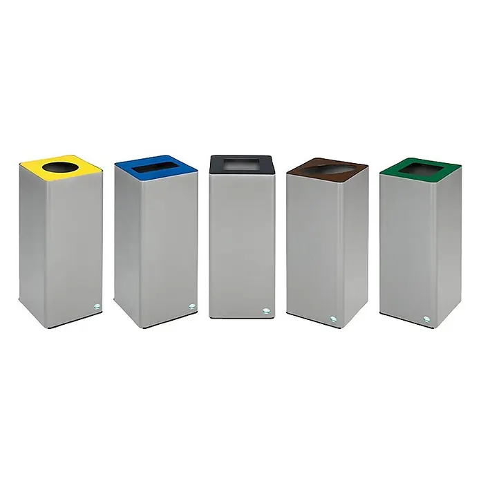 Proregal Wertstoffsammler robust mit abnehmbarem Deckel - 70 l - Fünf rechteckige, silberne Recyclingbehälter mit farbigen Öffnungen (gelb, blau, dunkelgrau, braun, grün) zur Mülltrennung.
