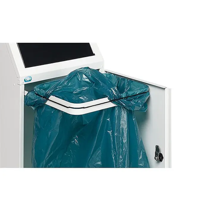 Proregal Wertstoffsammler robust mit Fronttür & Klemmring - 40,5 x 40 x 100,5 cm - Türkiser Müllsack, von weißem Rahmen in weißem Abfallbehälter offen gehalten.