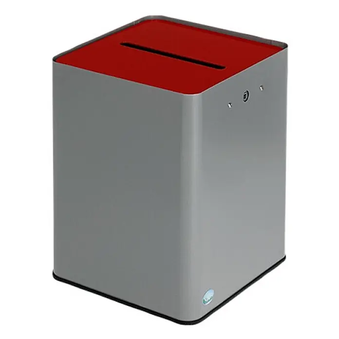 Proregal Wertstoffsammler - robuster Papiersammler - 23 x 25 x 83,5 cm - Graue rechteckige Einwurfbox mit roter Oberseite und Schlitz für Gegenstände, mit Seitenanschlüssen.