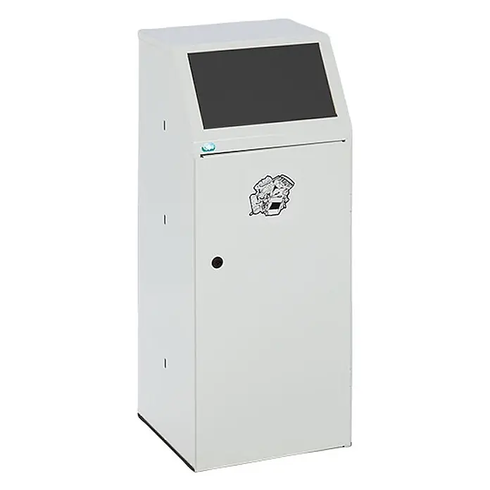 Proregal Wertstoffsammler robust mit Fronttür & Klemmring - 40,5 x 40 x 100,5 cm - Hellgrauer smarter Abfallbehälter mit angewinkeltem schwarzem Bildschirm, Logo und Maschinengrafik.