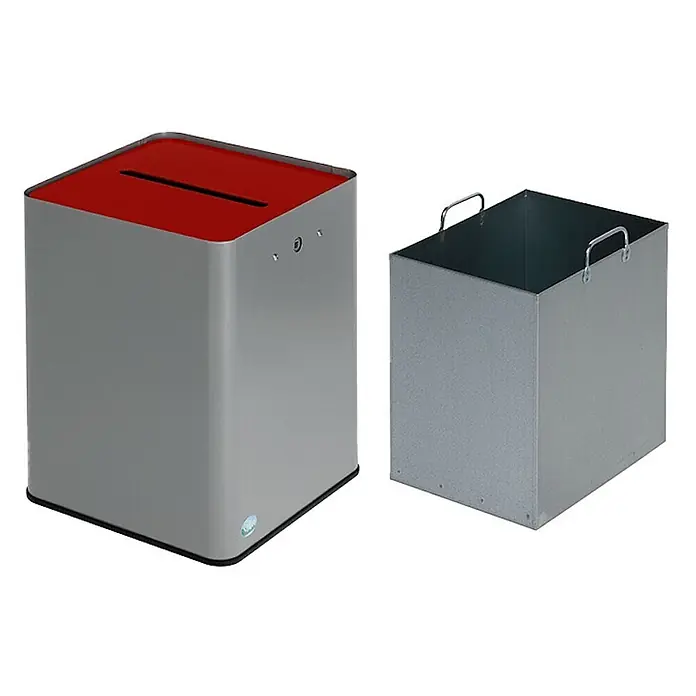 Proregal Wertstoffsammler - robuster Papiersammler - 23 x 25 x 83,5 cm - Grauer Metall-Einwurfbehälter mit rotem Schlitzdeckel. Inklusive einem einfachen Metall-Innenbehälter mit Griffen.