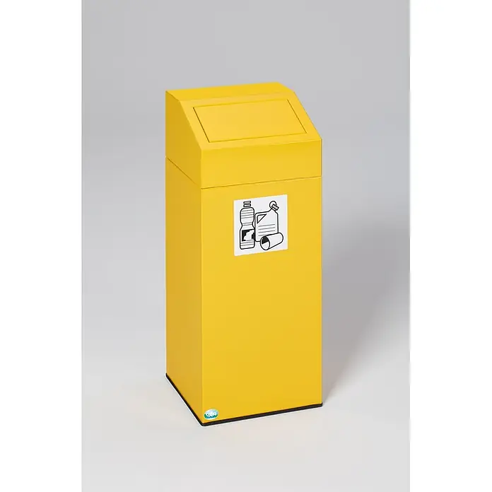 Proregal Wertstoffsammler selbstlöschend für "Wertstoffe" - 38 x 38 x 89 cm, 82 l - Leuchtend gelber rechteckiger Recyclingbehälter mit schräger Öffnung und Etikett für Plastikflaschen und Behälter.