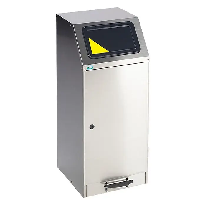 Proregal Treteimer selbstlöschend mit Fußpedal - 78 l, Edelstahl, Grau - Edelstahl-Treteimer mit schräger dunkler Öffnung mit gelbem Dreieck und Fußpedal.