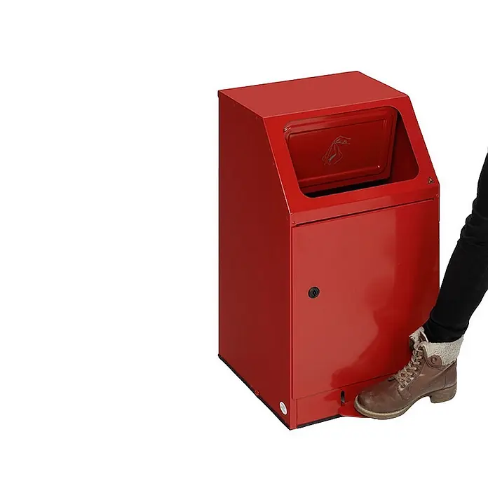 Proregal Treteimer - Selbstlöschender Putzwollkasten mit Pedal - Stahl, Rot - Roter Metall-Tretmülleimer, mit Fuß betätigt, der die berührungslose Funktion zeigt.