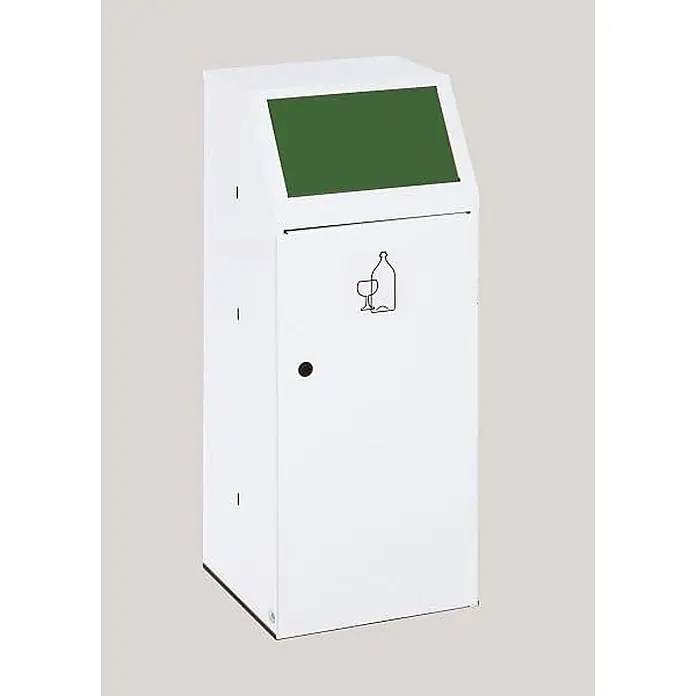 Proregal Wertstoffsammler robust mit Fronttür & Inneneinsatz - 40,5 x 40 x 100,5 cm, 90 l - Weißer Recyclingbehälter mit grünem Einwurf für Glasabfälle, gekennzeichnet mit Flaschen- und Glassymbol.