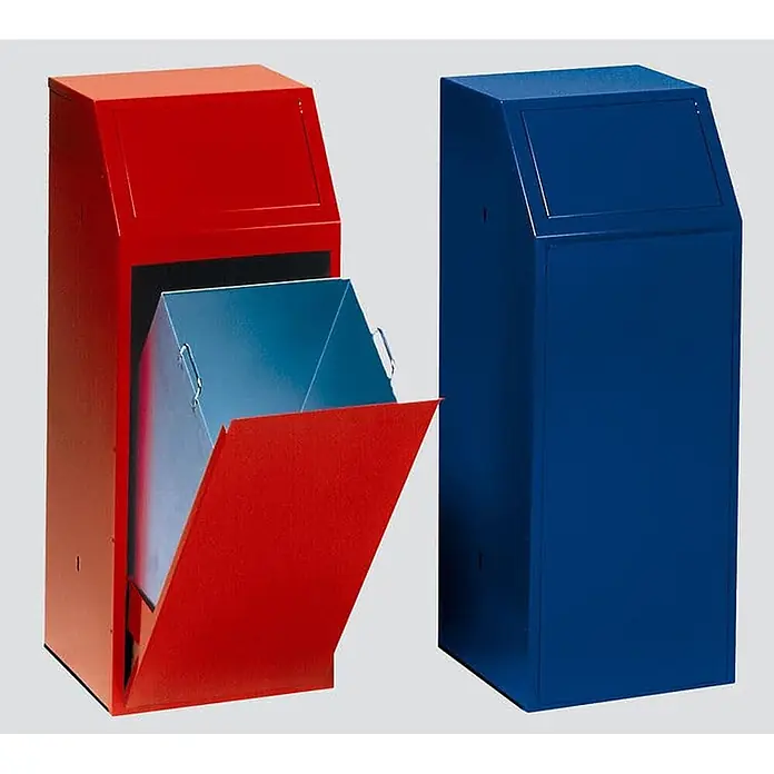 Proregal Wertstoffsammler robust mit Einwurfklappe selbstschließend - 40 x 40 x 100 cm, 68 l - Rote und blaue Metall-Abfalleimer. Der rote Eimer zeigt seinen herausnehmbaren blauen Innenbehälter.