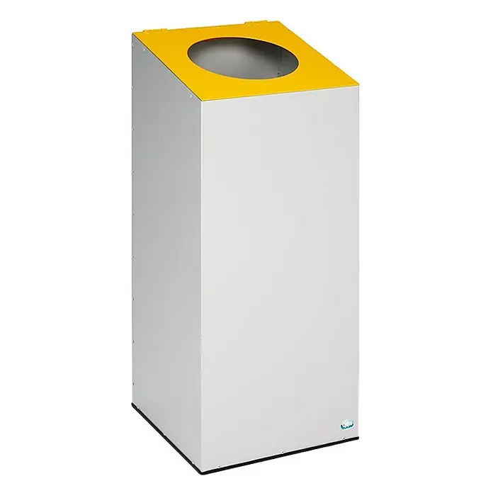 Proregal Wertstoffsammler robust & modular mit runder Einwurföffnung - 100 l - Rechteckiger grauer Recyclingbehälter mit schräger gelber Abdeckung und runder Öffnung.
