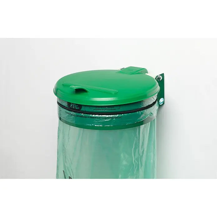 Proregal Müllsackständer - Wandhalterung mit Gummiband -  - Grüner Wandabfalleimer mit Deckel und einem grünen Müllsack. Das VAR-Logo ist an der Wandhalterung.