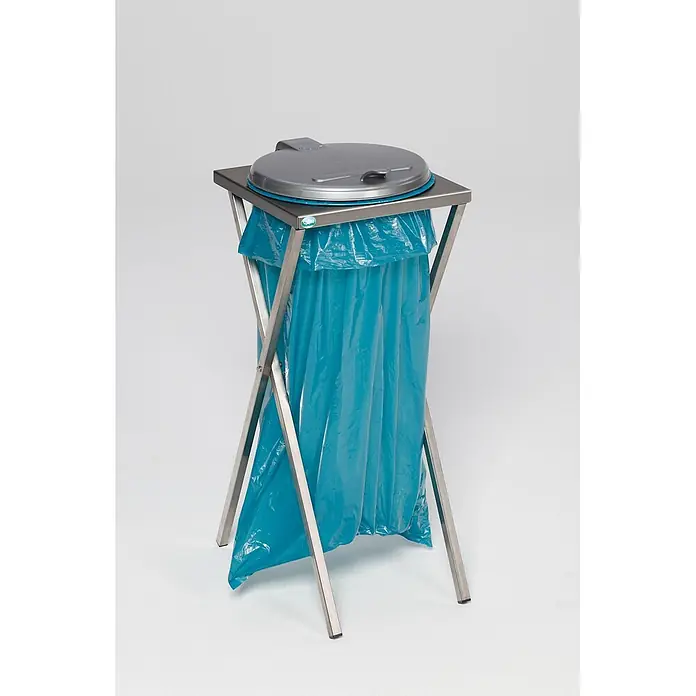 Proregal Müllsackständer - Robuster Scherenständer mit Klemmring -  - Edelstahl Müllsackständer mit grauem Deckel und blauem Müllsack.