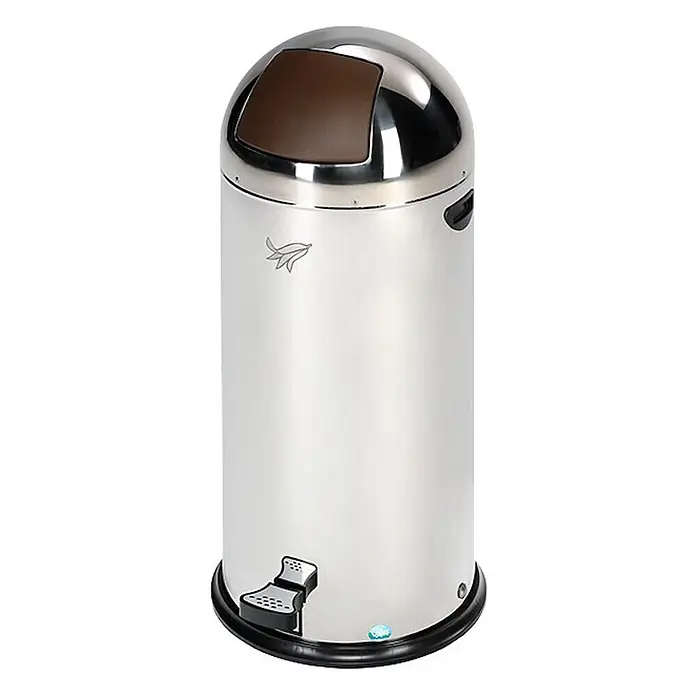 Proregal Treteimer robust mit Fußpedal + Griffmulden - 52 l, Stahl, Weiß-Braun - Edelstahl-Abfalleimer mit braunem Kuppeldeckel und zwei Fußpedalen zur berührungslosen Öffnung.
