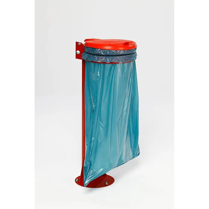 Proregal Müllsackständer - Standhalter mit Gummiband -  - Roter Metall-Müllbeutelhalter mit rotem Deckel und blauem Plastiksack.
