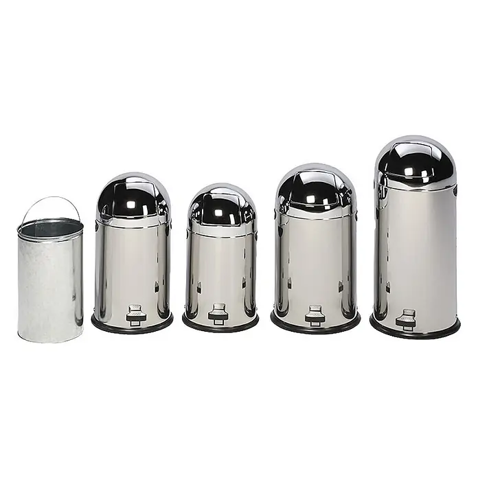 Proregal Treteimer klassisch mit Einwurfklappe & Inneneinsatz + Fußpedal - 33 l, Edelstahl, Silber - Eine Reihe von fünf Metall-Mülleimern, darunter ein Eimer und vier Edelstahl-Treteimer mit Kuppeldeckel, in verschiedenen Größen.