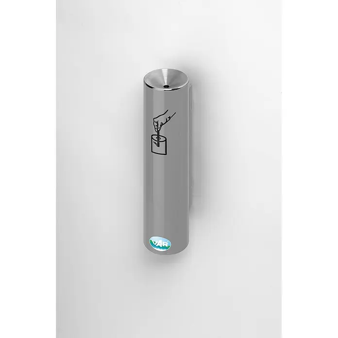 Proregal Asche-Mülleimer robust und verschließbar - Stahl, Silber - Grauer zylindrischer Wandspender mit gebürsteter Metalloberseite und einem „Drücken zum Benutzen“-Symbol.