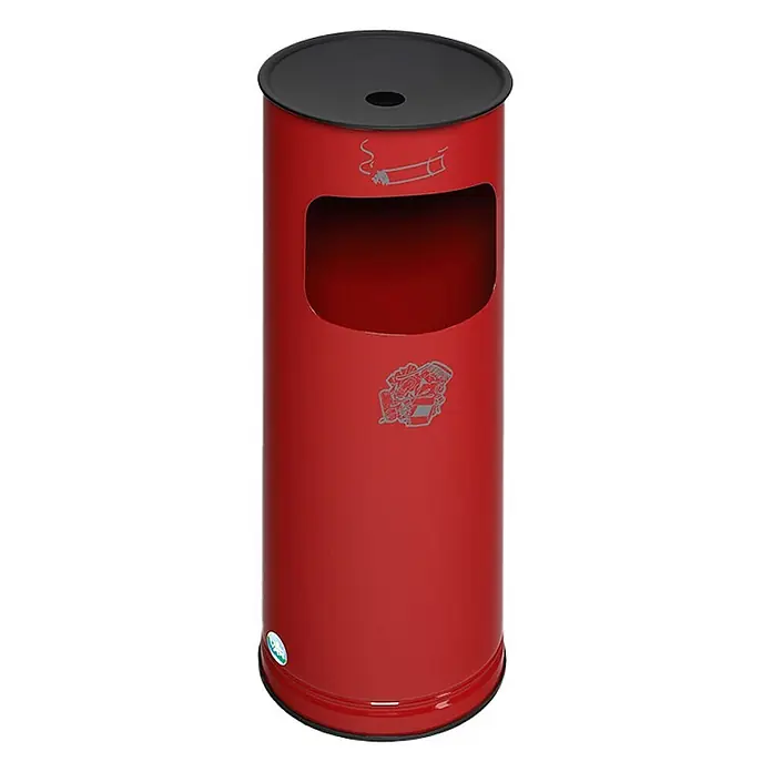 Proregal Asche-Mülleimer klassisch und rund - Stahl, Rot - Roter zylindrischer Abfallbehälter mit schwarzem Aschenbecherdeckel und Symbolen für Abfall und Rauchen.