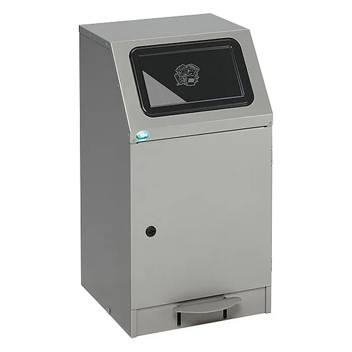 Proregal Treteimer selbstlöschend mit Fußpedal - 43 l, Stahl, Grau - Grauer Metall-Recyclingbehälter mit schräger schwarzer Einwurföffnung, Fußpedal und Sicherheitsschloss.