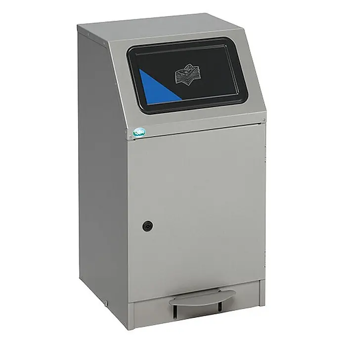 Proregal Treteimer selbstlöschend mit Fußpedal - 43 l, Stahl, Grau - Grauer, rechteckiger Abfalleimer mit Schrägdeckel, Fußpedal und schwarzem Deckel mit blauem Papier-Recycling-Symbol.