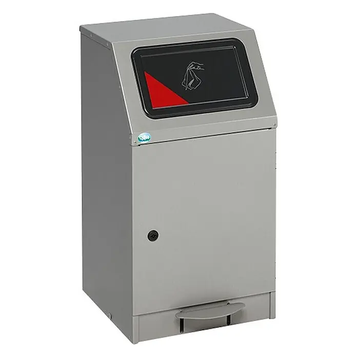 Proregal Treteimer selbstlöschend mit Fußpedal - 43 l, Stahl, Grau - Grauer Metall-Tretmülleimer mit schräger Oberseite, rotem Dreieck und Piktogramm auf dem Deckel für hygienische Entsorgung.