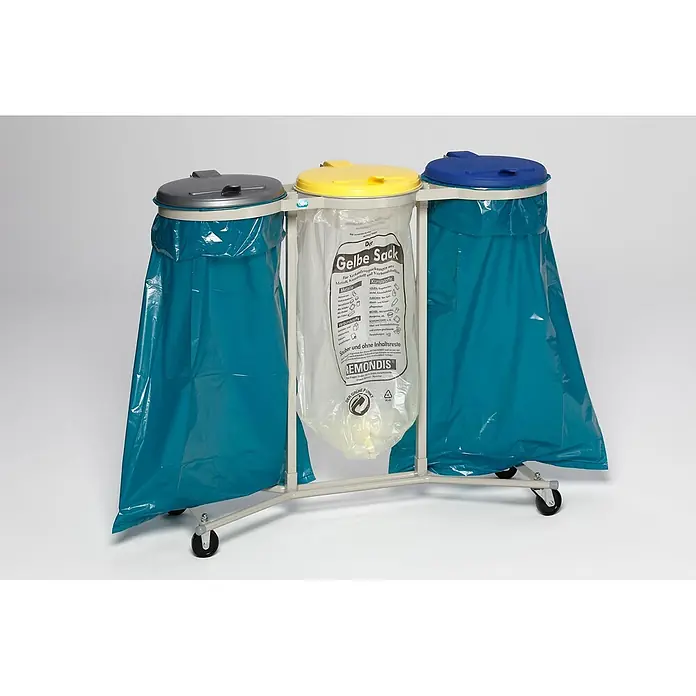 Proregal Mülltrennsystem - Robuster Abfallsammler für Wertstoffsortierung 3-Fach - Stahl, Silber,Gelb,Blau - Mobiles Dreifach-Mülltrennsystem mit blauen und transparenten Säcken sowie farbigen Deckeln zum Recyceln.