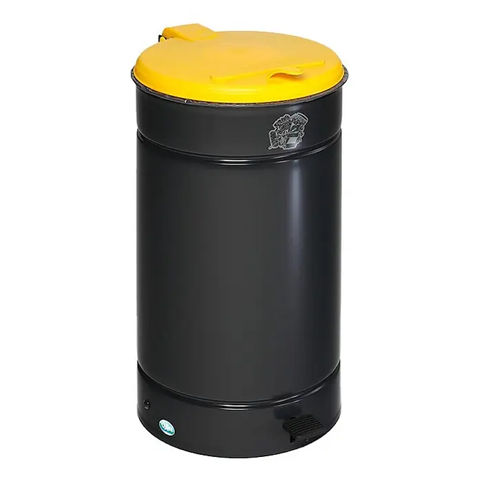 Proregal Treteimer großvolumiger mit Euro-Pedal - 70 l, Stahl, Anthrazit - Dunkelgrauer Treteimer mit gelbem Deckel und Fußpedal für berührungslose Bedienung.