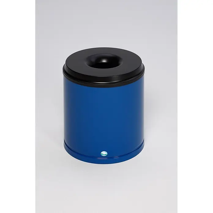 Proregal Papierkorb selbstlöschend - 30 l, Stahl, Blau - Zylindrischer blauer Abfalleimer mit schwarzem Deckel und zentraler Öffnung. Mit VAR-Logo.